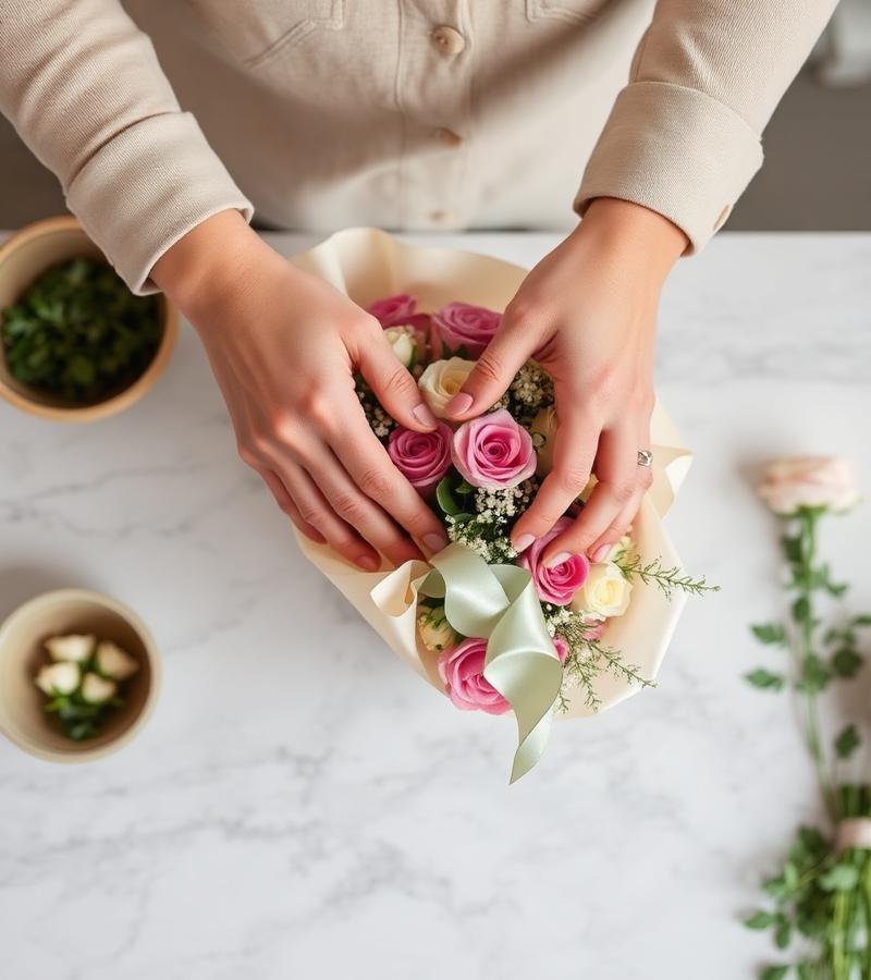 Florist arranging bouquet